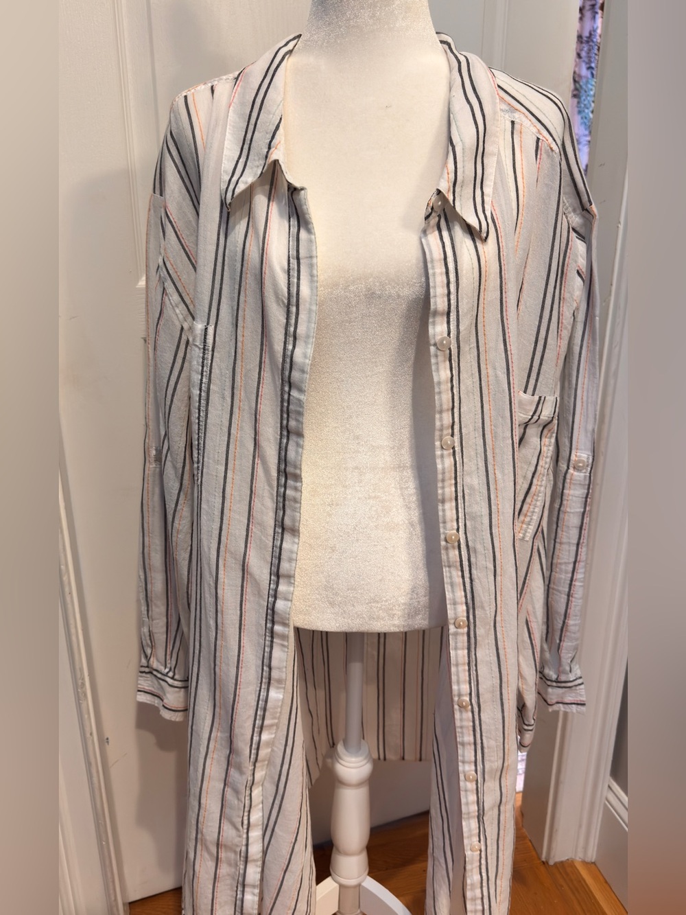 Addition Elle White Button-Down Shirt with Black and Rust Stripes